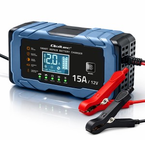 Inteligentna ładowarka do akumulatorów 12V 15A LCD AGM GEL LiFePO4 / 9-stopniowe ładowanie / Qoltec 52666
